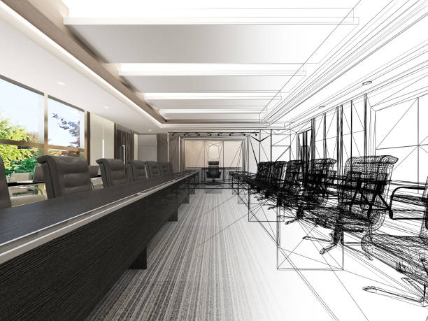 istock sketch design of interior conference room, 3d rendering wire frame 1393721160