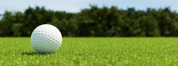 golf ball on grass in fairway green background. banner for advertising with copy space. sport and athletic concept. 3d illustration rendering - golf hole ball grass imagens e fotografias de stock