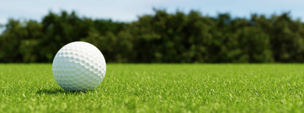 мяч для гольфа на траве на зеленом фоне фарватера. баннер для рекламы с копировальным пространством. спорт и спортивная концепция. рендерин - golf course стоковые фото и изображения