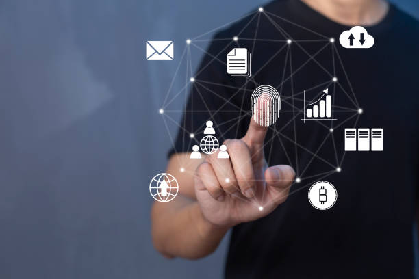 istock Person touching virtual screen to scan fingerprints, digital transformation management concept. Internet of Things, Big Data and Business Processes, Automation, Storage Systems, Cloud Computing 1393723693