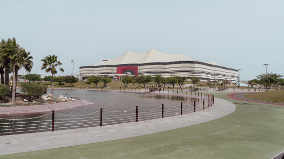 Al Khor, Qatar- March 03 2022:View of al bayt park with the al bayt stadium in the background
