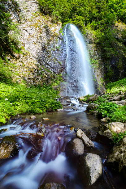 Queureuih waterfall in long exposure in Auvergne Queureuih waterfall in long exposure in Auvergne in France orcival stock pictures, royalty-free photos & images