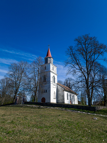 Skrunda lutheran church in sunny spring day, Latvia.