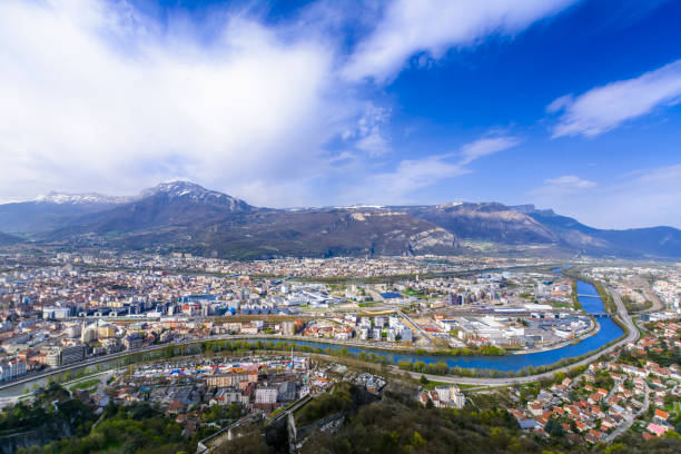 Grenoble city seeing from Bastille viewpoint in France Grenoble city seeing from Bastille viewpoint isere river stock pictures, royalty-free photos & images
