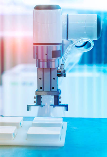 istock Automatic industrial robotic robot working, industry 4.0 and technology concept 1393727439