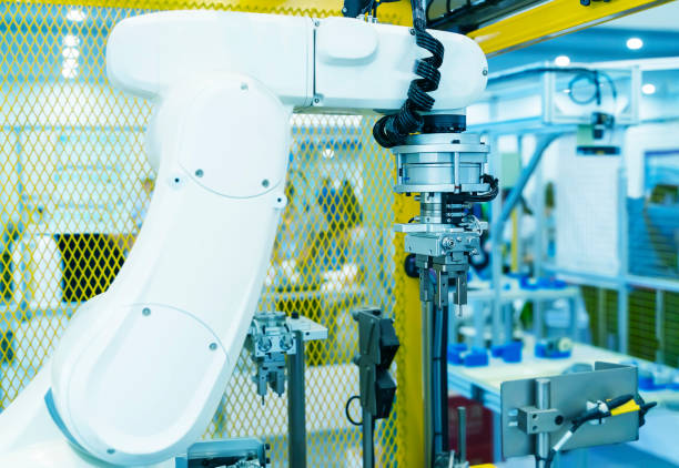 istock Automatic industrial robotic robot working, industry 4.0 and technology concept 1393729126