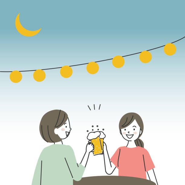 Two  Women For A Toast In Drinking Beer Two  Women For A Toast In Drinking Beer beer garden stock illustrations