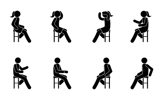 women and men sit on chairs, work meeting illustration, stick figures icons man, office workers isolated pictograms
