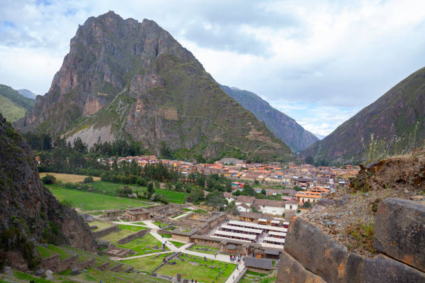 Inca ruins in  Ollantaytambo, a village in the Sacred Valley, Peru, known for its Inca ruins.