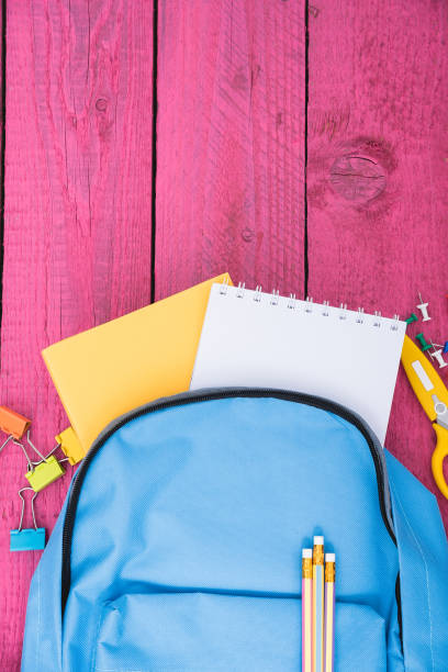istock Top view Blue bag backpack for education children 1393732043