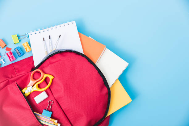istock Top view Red bag backpack for education children 1393732051