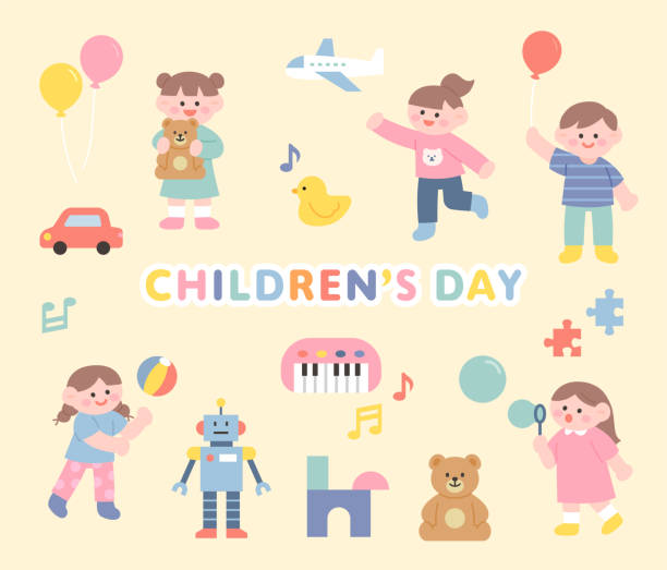 Children's day Children's Day Children are having fun with toys. flat design style vector illustration. robot clipart stock illustrations