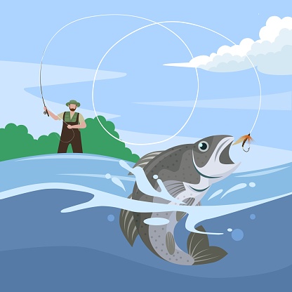 Flying fishing man, throwing bait on river surface, with underwater view, vector illustration.