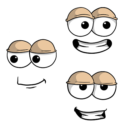 Funny eyes with emotions with bruises. Different smiles and faces. Cartoon character.