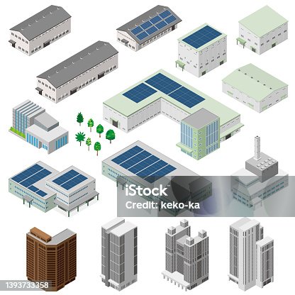 istock Three-dimensional illustrations of various buildings. Exterior view of the building. 1393733358