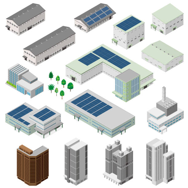 Three-dimensional illustrations of various buildings. Exterior view of the building. Three-dimensional view of the building. isometric factory stock illustrations