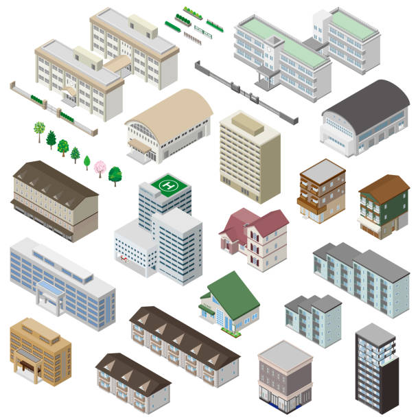 illustrations, cliparts, dessins animés et icônes de illustrations tridimensionnelles de divers bâtiments. vue extérieure du bâtiment. - administratif