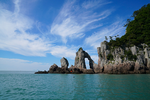 A rare rocky island in the shape of an elephant on the southern coast of Korea.