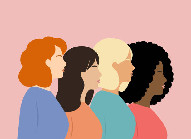 side view of multi-ethnic women group.the concept of femalemininity, independence, gender equality and female empowerment. - side by side teamwork community togetherness stock illustrations