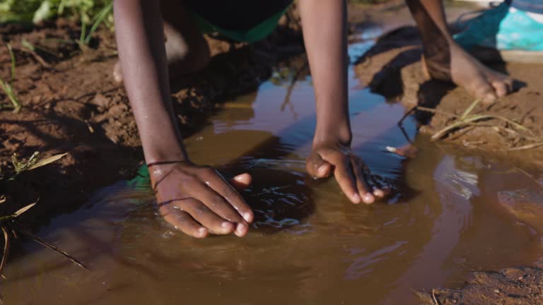 Water crisis. Poverty. Drought. Climate change. Global warming. Inequality. Cropped view of young black African hands scooping up dirty water to drink