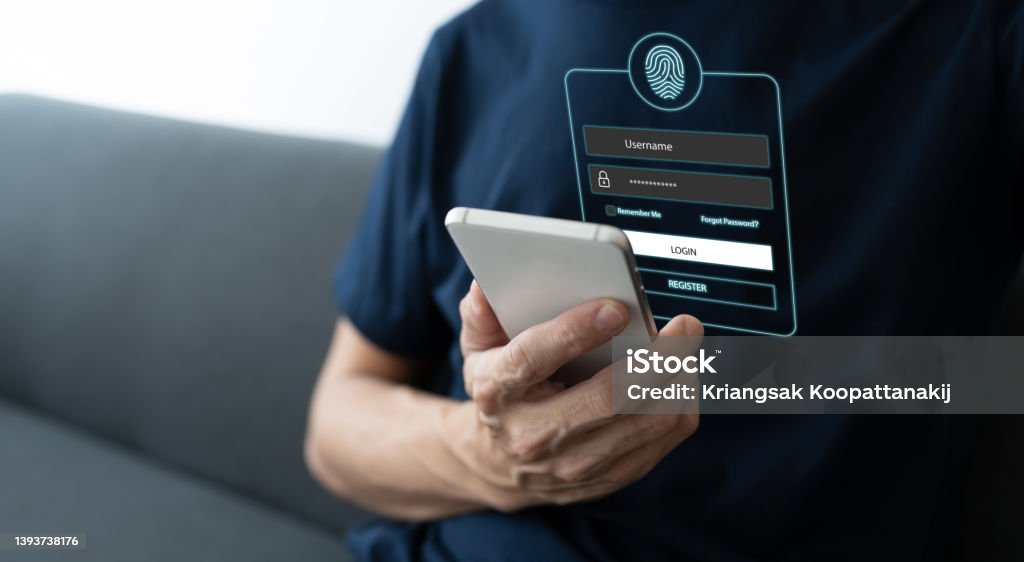 Man using smartphone for online banking or shopping and payment via credit card. Mobile phone fingerprint scan and login for security system. Business commercial and personal financial idea concept Electronic Banking Stock Photo