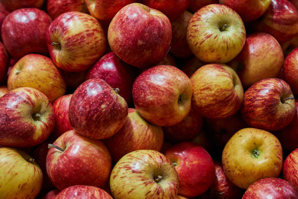 istock Stacked apples placed on a shelf for sale within a market 1393739515