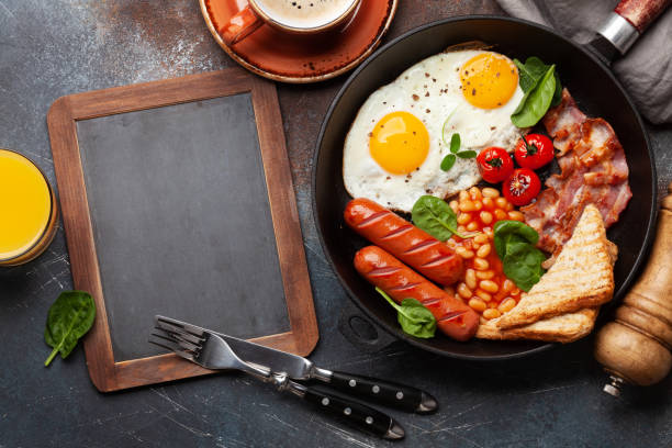 istock English breakfast with fried eggs, beans, bacon and sausages 1393739566