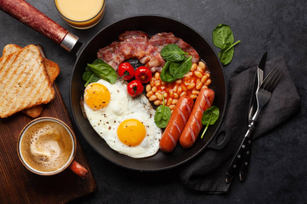 istock English breakfast with fried eggs, beans, bacon and sausages 1393739583
