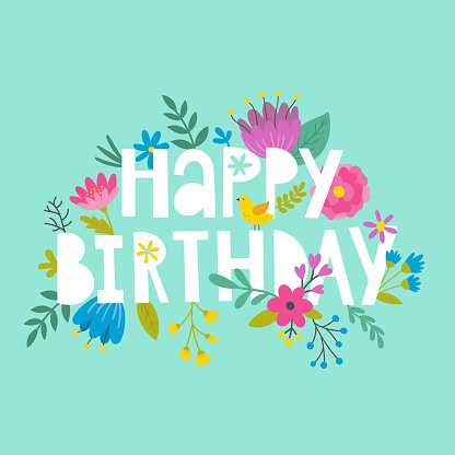 vector illustration, cute greeting card with flowers and happy birthday hand lettering text on mint green  background