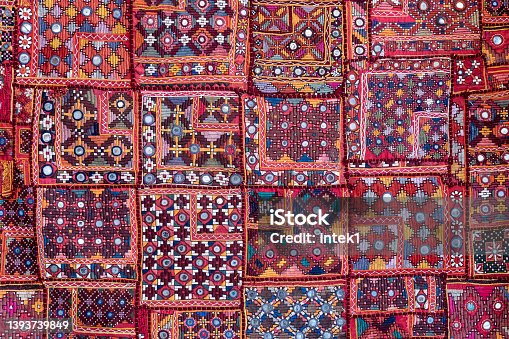 istock Detail old colorful patchwork carpet in India 1393739849