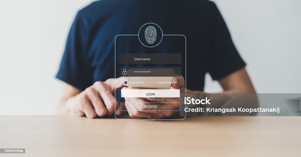 Man using smartphone for online banking or shopping and payment via credit card. Mobile phone fingerprint scan and login for security system. Business commercial and personal financial idea concept Banking Stock Photo