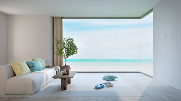 istock Minimal style modern living room with sea view.3d rendering 1393743386