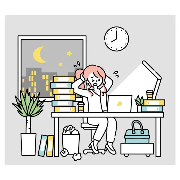 Vector illustration of A day in the life of a woman working at a computer in an office (night, dark)