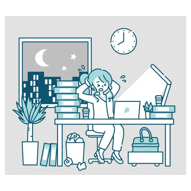 Vector illustration of A day in the life of a woman working at a computer in an office (night, dark)