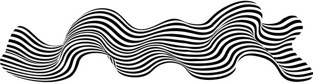 추상적인 흑백 줄무늬. 액화 웨이브 라인. 원근감 부드러운 리본. - water surface water sine wave backgrounds stock illustrations