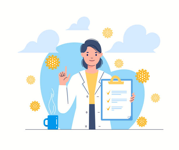 Health Care Medicine And Doctors Concept. Doctor, medicine, healthcare. Young smiling general practitioner in white uniform holds list of recommendations for prevention of viral diseases in his hands against backdrop of virus cells. pharmacist cartoon stock illustrations