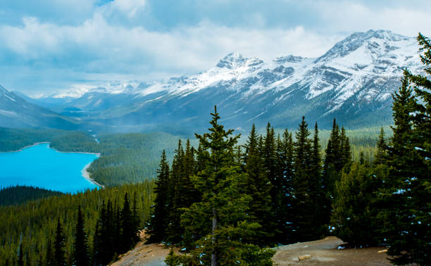 Photo of Mountain scenic of forest and lake with light snow dusting the valley