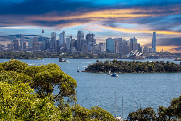 sydney cbd skyline, budynki mieszkalne i komercyjne na wodach portowych nsw australia - manly beach sydney australia australia beach zdjęcia i obrazy z banku zdjęć