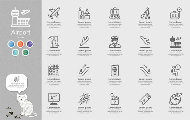 airport line icons inhalts-infografik - usa airport airplane cartography stock-grafiken, -clipart, -cartoons und -symbole