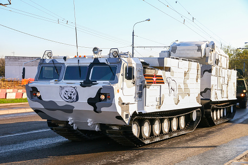 Moscow, Russia - May 3, 2018: All-terrain vehicle DT-30P Vityaz based short-range surface-to-air missile system 9K330 Tor M2DT taking part in the dress rehearsal of the Victory Parade.