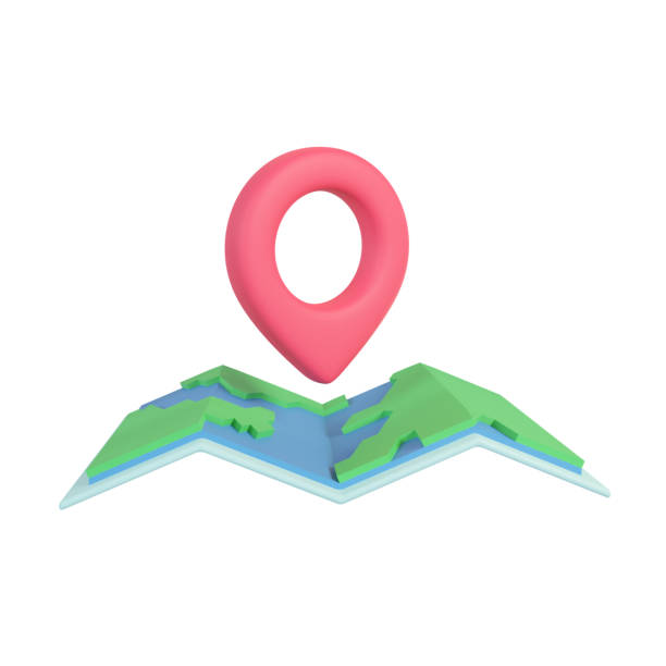 A red pin pinned to a paper map. route finder concept. 3D Rendering.