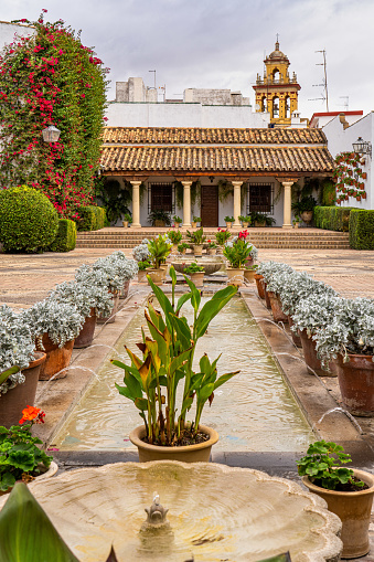 Cordoba, Spain - November 03, 2021: Courtyard garden of Viana Palace in Cordoba, Andalusia. Built in XV century. Viana Palace is a tourist attraction known for its 12 magnificent patios and gardens.