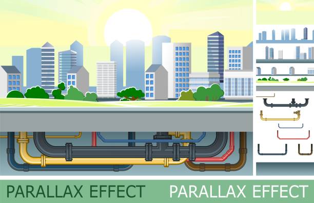 Pipeline for various purposes with parallax effect. Pipes of different color calibration. Underground part of system. Illustration vector Pipeline for various purposes with parallax effect. Pipes of different color calibration. Underground part of system. Illustration vector. underground pipeline stock illustrations