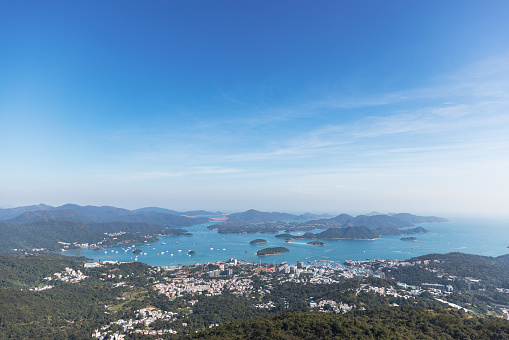 Beautiful aerial shot of the whole downtown area of Sai Kung