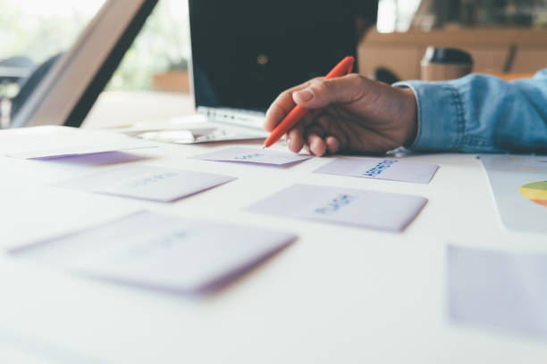 istock Web designer brainstorming for a strategy plan. Colorful sticky notes with things to do on office board. User experience (UX) concept 1393755945