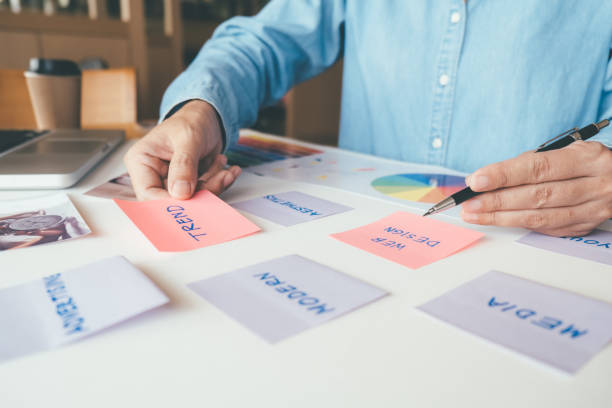 istock Web designer brainstorming for a strategy plan. Colorful sticky notes with things to do on office board. User experience (UX) concept 1393755960