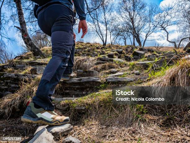 Trekking Scene In The Alps Of Lake Como Stock Photo - Download Image Now - Hiking, Lombardy, Men
