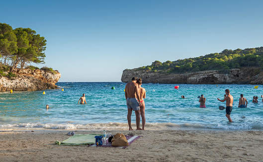 Ciutadella de Menorca, Spain - August 6, 2021: Cala en Turqueta, a famous beach in Menorca Island, Balearic Islands, Spain