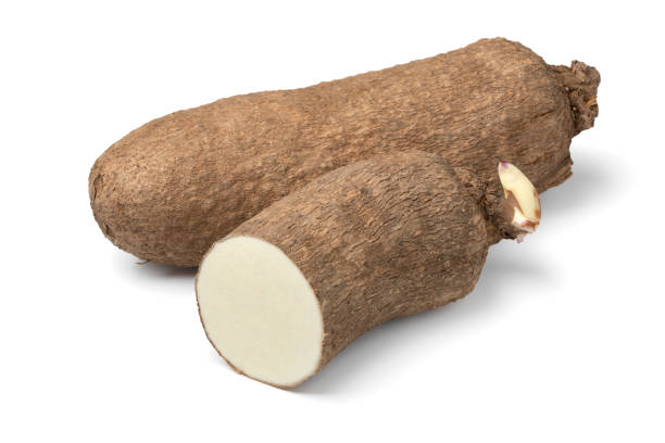 istock Whole and halved raw African yam on white background 1393757849