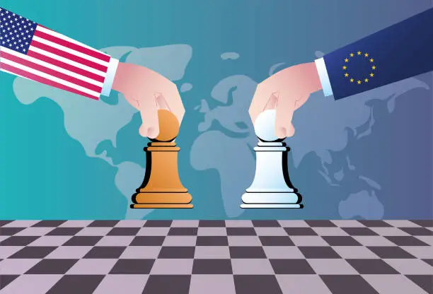 Vector illustration of The European Union and the United States play chess, and the economic, trade and political competition between the two countries